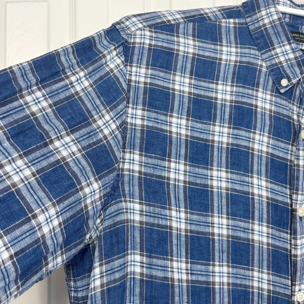 Banana Republic Blue Plaid 100% Linen Camden Standard Fit Shirt Large